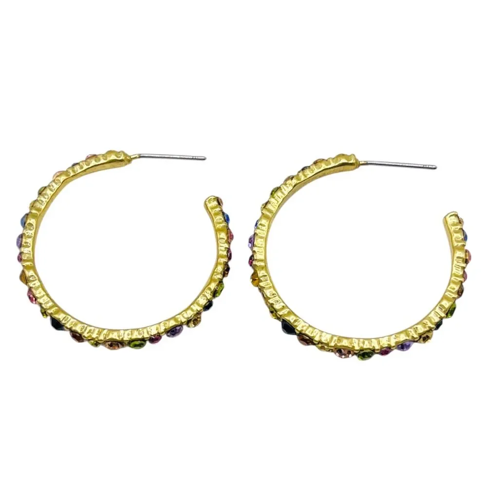 Multi Color Rhinestone Hoops Earrings Gold Tone Colorful Pierced Fashion Jewelry